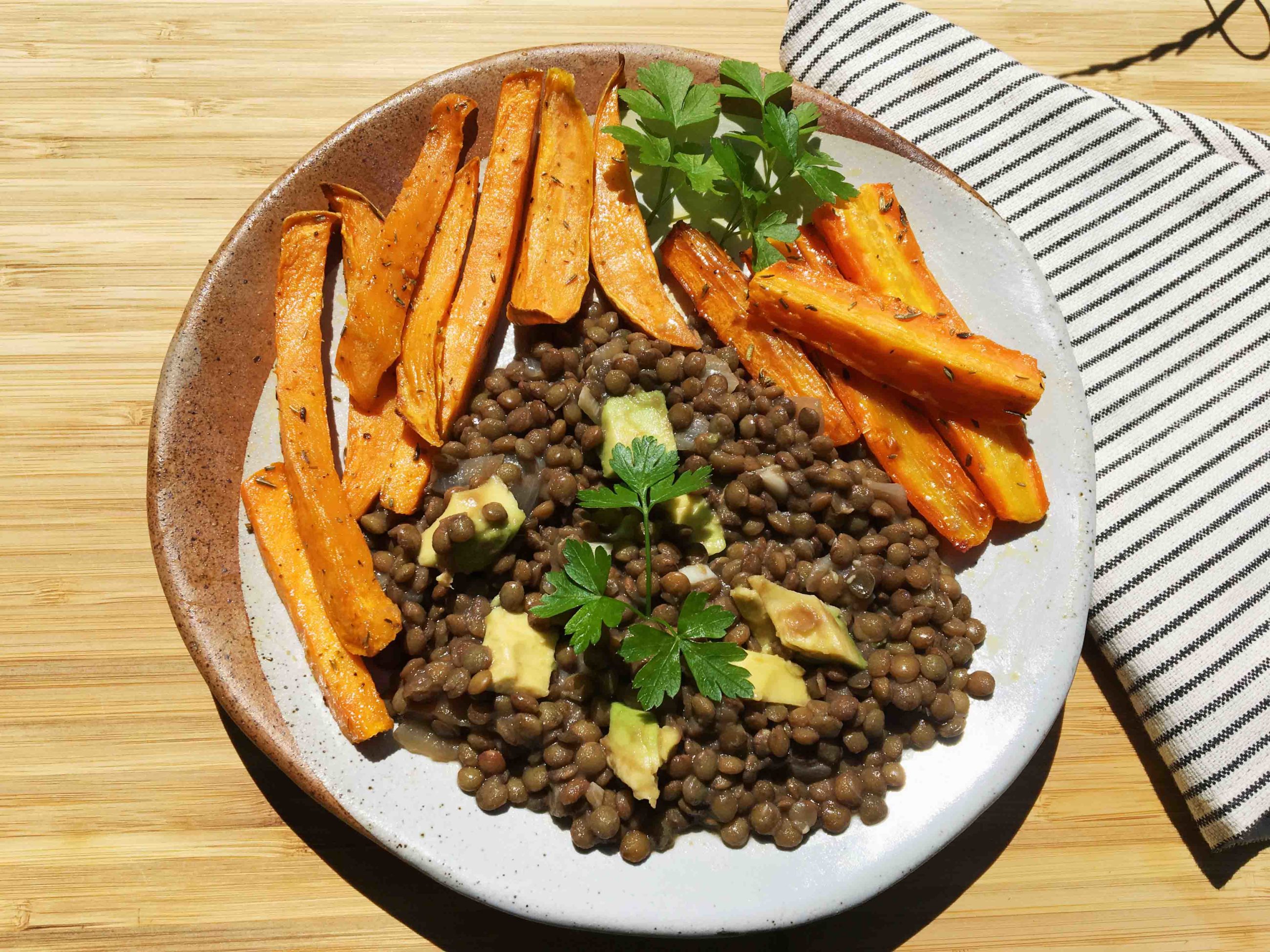 Lentil Salad with Sweet Potato Fries & Roasted Carrots